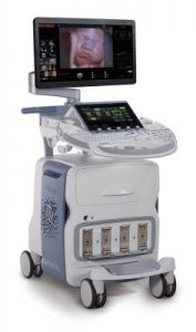 GE Voluson e10 ultrasound machine on a cart