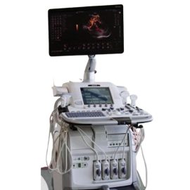 GE Logic E9 2.0 ultrasound on a cart
