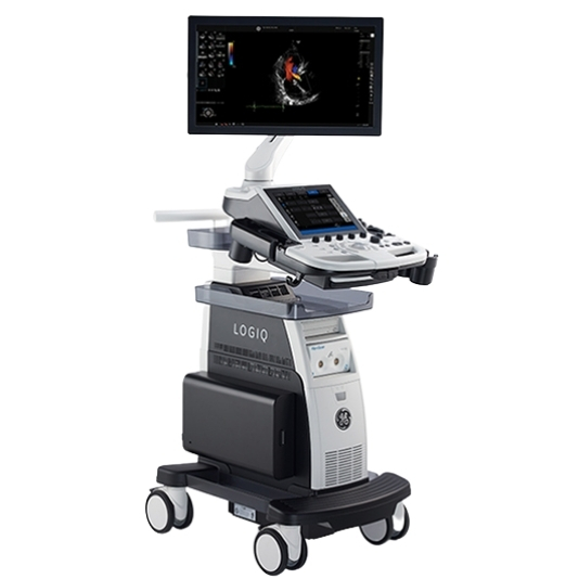 GE Logiq P9 ultrasound machine on a cart