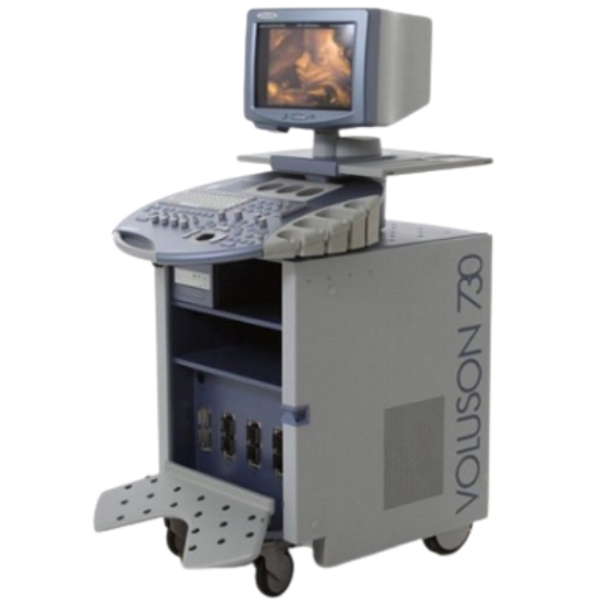 GE Voluson 730 Expert BT04 ultrasound machine on a cart