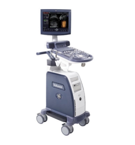 GE Voluson P8 BT15 ultrasound machine on a cart