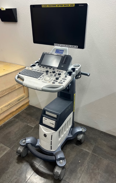 GE LOGIQ S8 R3 ultrasound machine on a cart